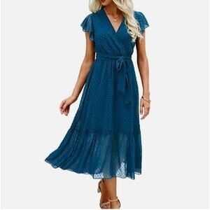 BTFBM boho teal maxi wrap ruffle dress